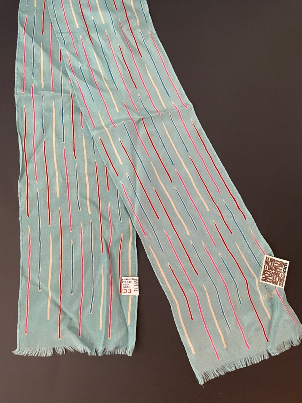 ⭐️NWT ECHO Silk Light Teal Blue Multicolour Detail Fringe Chic Coastal MCM Scarf